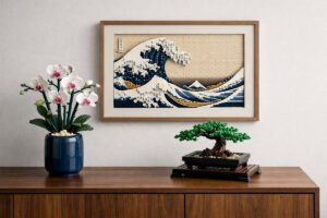 LEGO sets for adults: A sophisticated living room featuring the LEGO Botanical collection and Hokusai art in a neutral aesthetic.