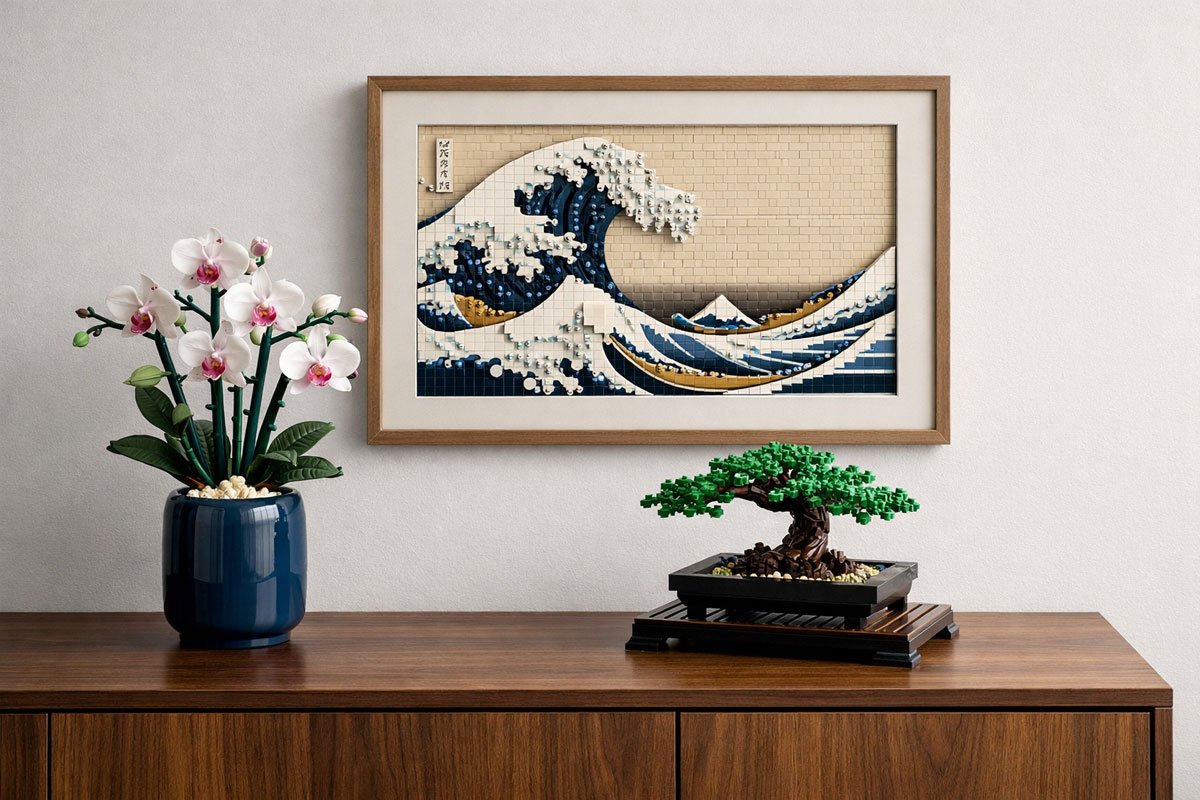 LEGO sets for adults: A sophisticated living room featuring the LEGO Botanical collection and Hokusai art in a neutral aesthetic.