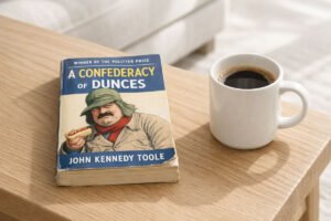a confederacy of dunces: A minimalist lifestyle shot of the classic novel on an oak table with a coffee mug.
