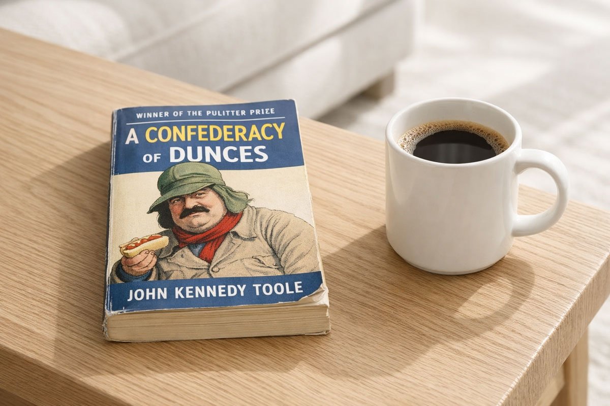 Donkey’s Bookshelf: Why You Need to Read "A Confederacy of Dunces" (2026) 1 a confederacy of dunces: A minimalist lifestyle shot of the classic novel on an oak table with a coffee mug.