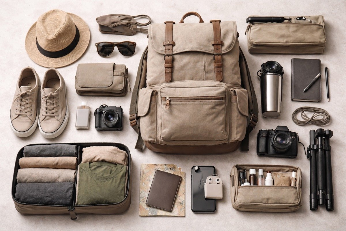 Travel Like a Pro: The Best Amazon Travel Gear for 2026 1 Best Amazon Travel Gear, cameras, backpack, glasses, and so on arranged on a neutral background.