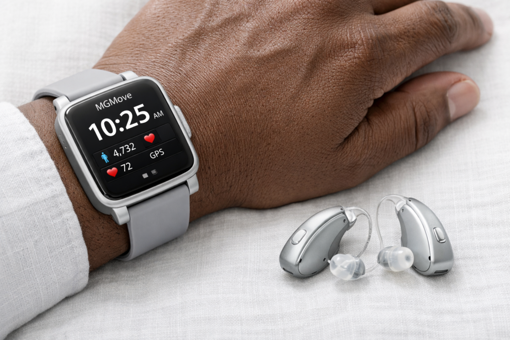 Close-up of modern senior tech including a medical alert smartwatch and OTC hearing aids.One of 10 best products for seniors.
