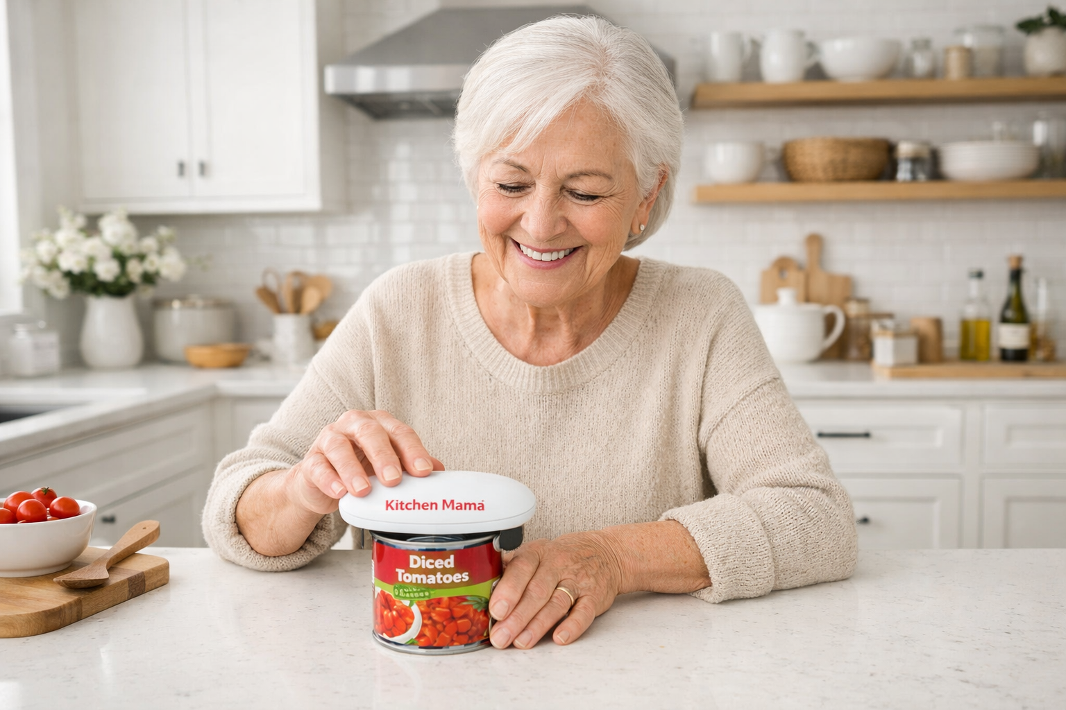 Happy senior using an electric can opener in a modern minimalist kitchen.