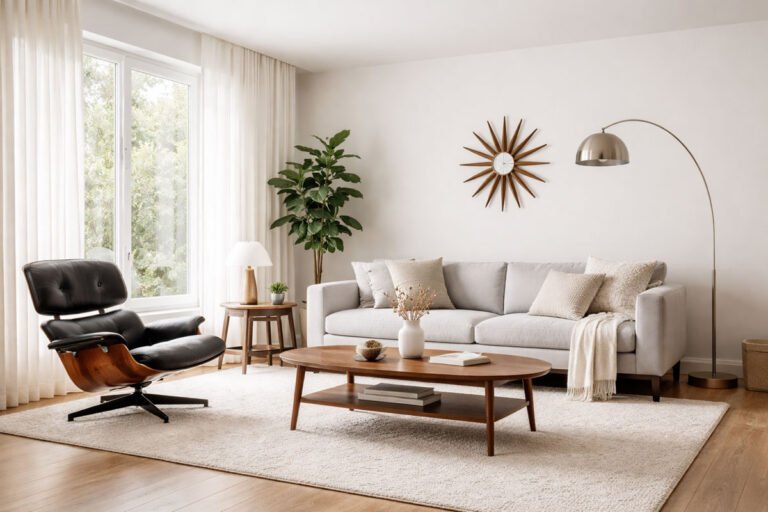 Mid-century modern decor: A minimalist living room featuring walnut furniture and a sunburst wall clock in a neutral aesthetic.