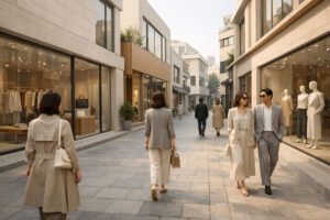 Best shopping destinations: A minimalist and stylish shopping street in the Hannam-dong district of Seoul in a neutral aesthetic.