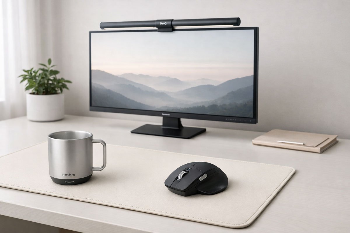 Minimalist home office setup featuring affordable luxury products like a smart mug and eco-leather desk mat