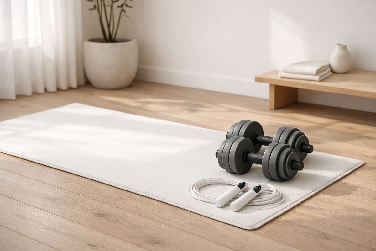 10 Best Amazon Fitness Products to Get in Shape (2026) 1 A minimalist home gym setup in a bright, airy room. A white yoga mat is spread across a light wood floor, with a set of matte gray adjustable dumbbells and a white smart jump rope neatly placed to the side. The color palette is strictly neutral: off-whites, soft grays, and natural wood. High-end lifestyle photography, soft morning sunlight, 8k resolution.