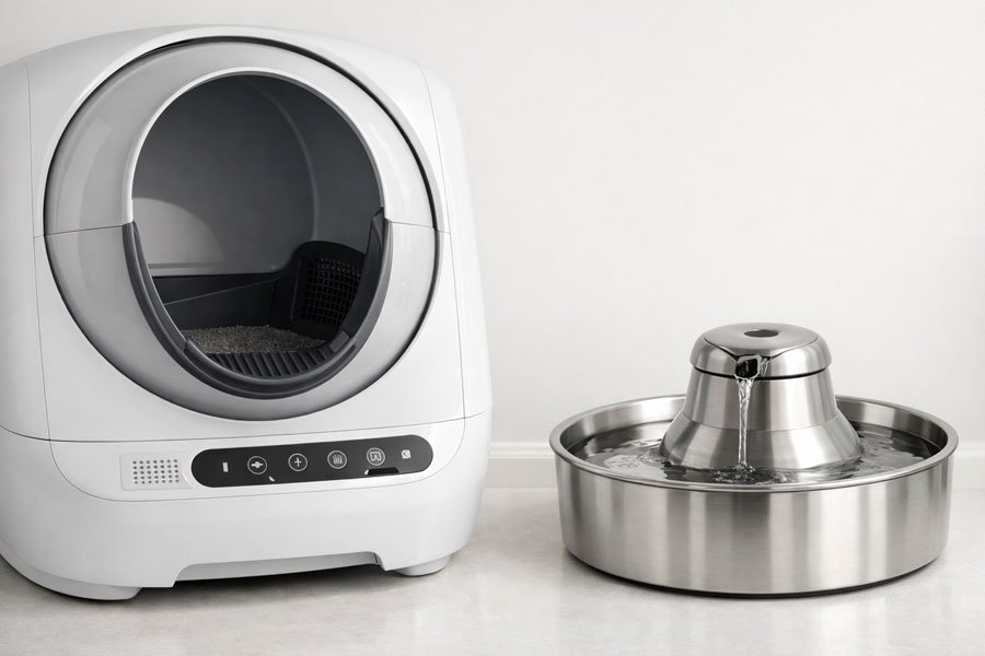 Clean and minimalist setup of best Amazon pet products, including a self-cleaning litter box and water fountain.