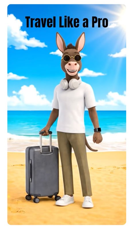 Travel Like a Pro: The Best Amazon Travel Gear for 2026 2 SMAO donkey with the best Amazon travel gear at a sunny beach holding a roll on luggage.