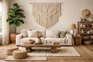Boho (Bohemian): A curated living room featuring natural textures, linen furniture, and lush greenery in a neutral aesthetic.