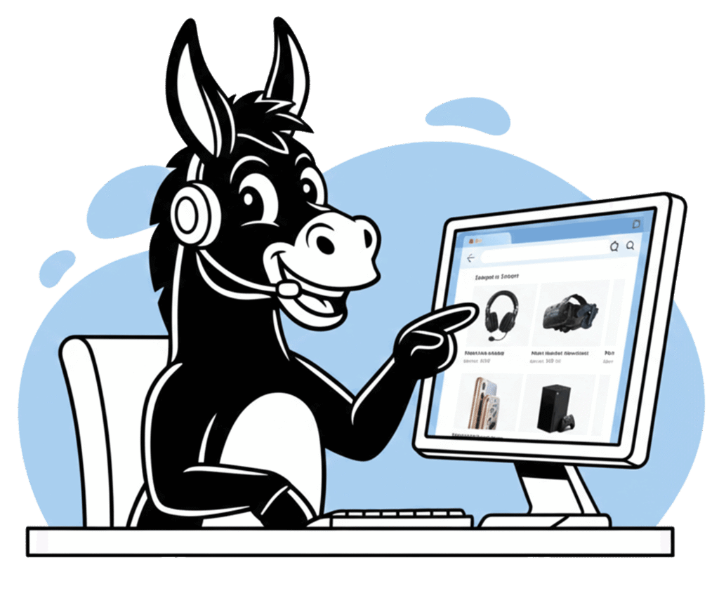 Shop My Ass Off donkey with headphones looking at a desktop screen at a shopping website.