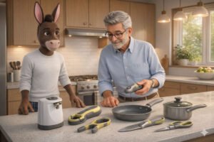 A man and Gregory the donkey, testing arthritis-friendly kitchen tools with ergonomic handles in a modern kitchen.