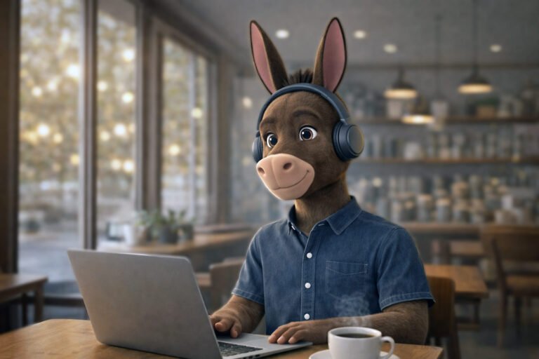 Noise-cancelling headphones for cafes worn by Gregory the donkey working on a laptop in a coffee shop.