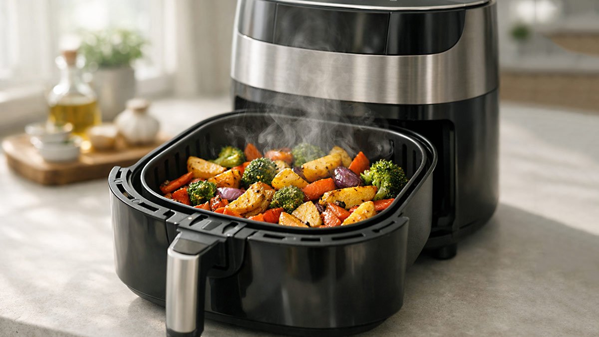 The Truth About Air Fryers: Which Ones Are Actually Worth Your Counter Space? 1 air fryer cooking crispy vegetables with steam rising in a modern kitchen