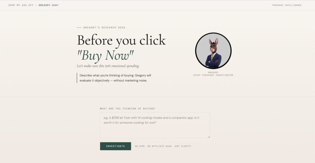 Before You Click “Buy Now,” Ask the Donkey 2 Ask Gregory shopping chat website screenshot.