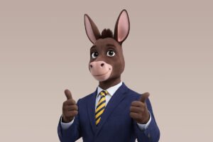 Our brilliant donkey in a suit and tie giving two thumbs up for people who visit ASk Gregory.