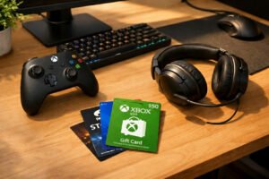Best gaming gifts including controllers, headsets, and gift cards displayed on a gaming desk