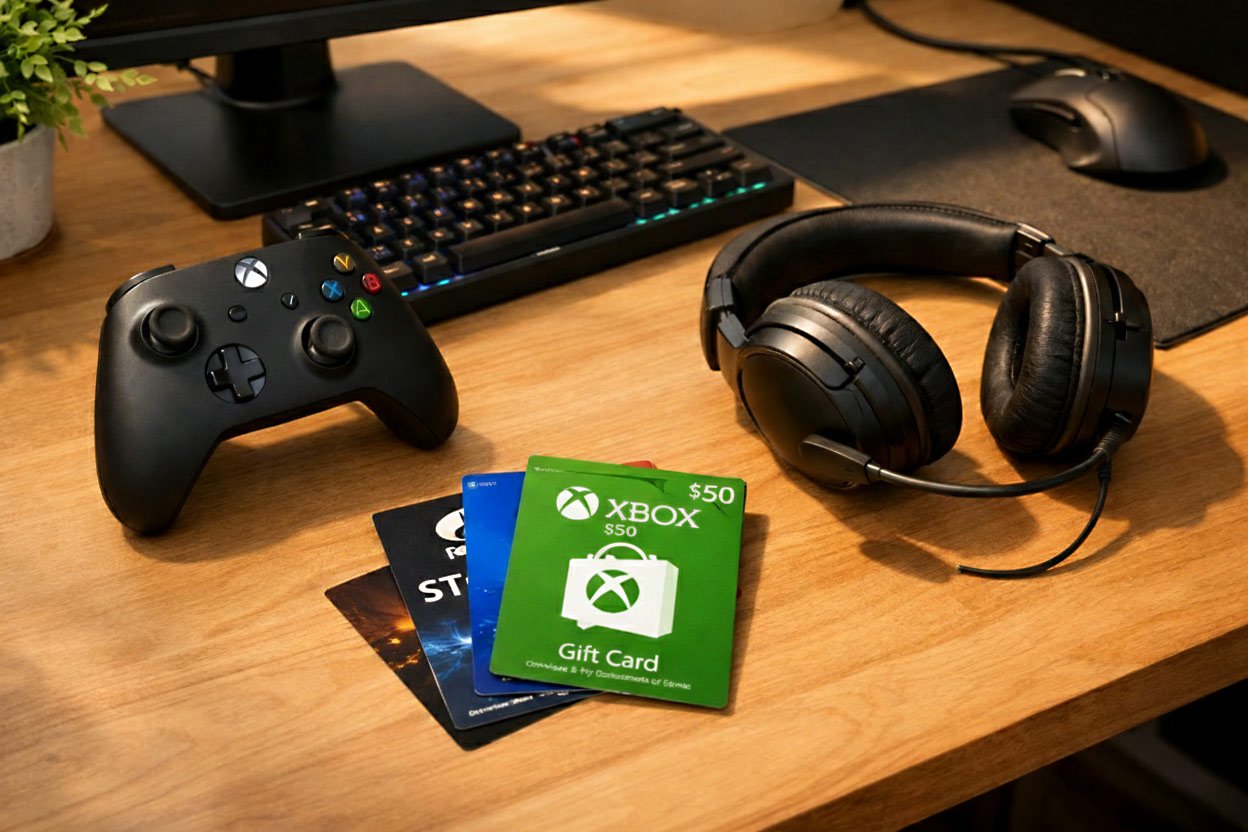 Best gaming gifts including controllers, headsets, and gift cards displayed on a gaming desk