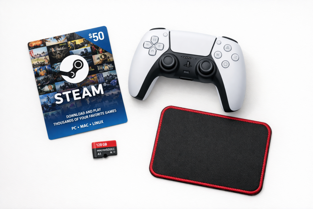 Best gaming gifts for non-gamers featuring gaming accessories and subscription cards on a clean surface