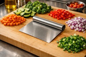 Best kitchen tools under $50 — a stainless steel bench scraper on a clean cutting board with chopped vegetables