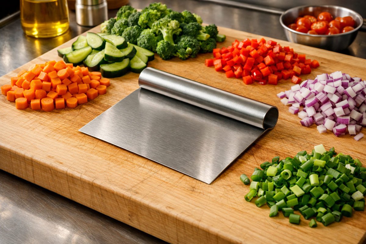 Best kitchen tools under $50 — a stainless steel bench scraper on a clean cutting board with chopped vegetables