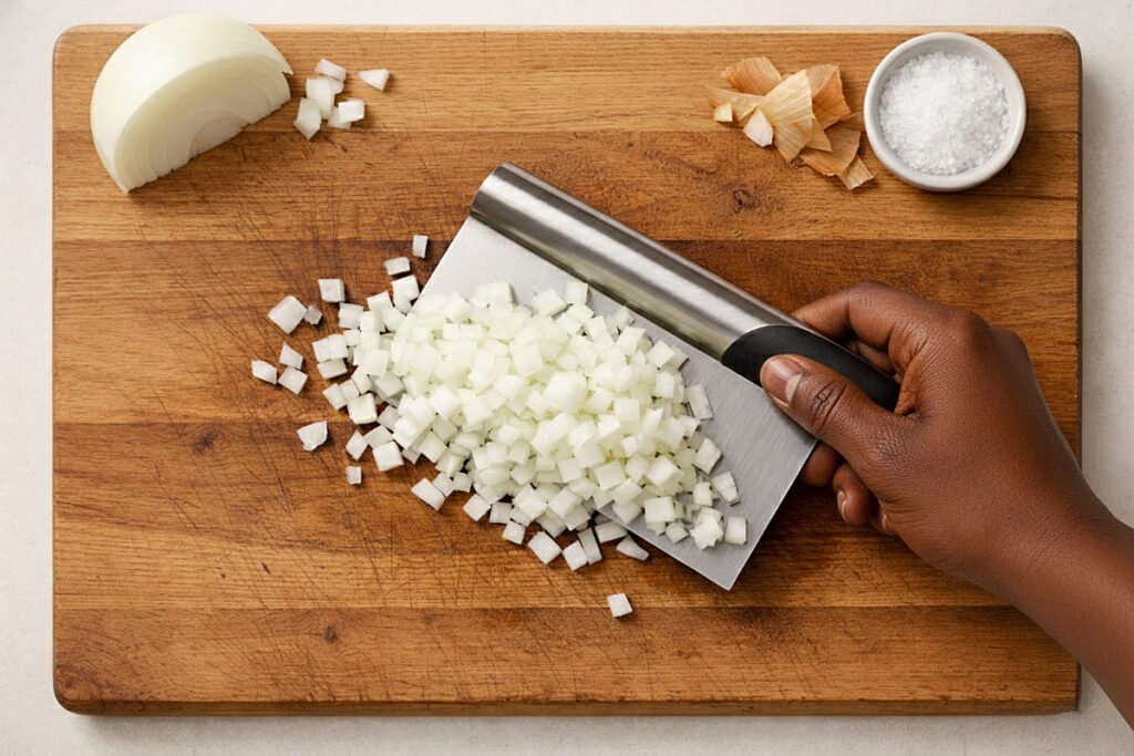 Best kitchen tools under $50 featuring a bench scraper transferring chopped onions from a cutting board