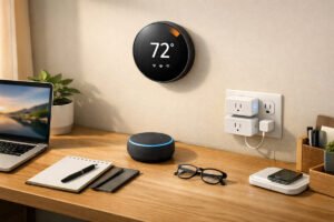 Best smart home devices displayed on a modern home desk with a smart speaker and thermostat