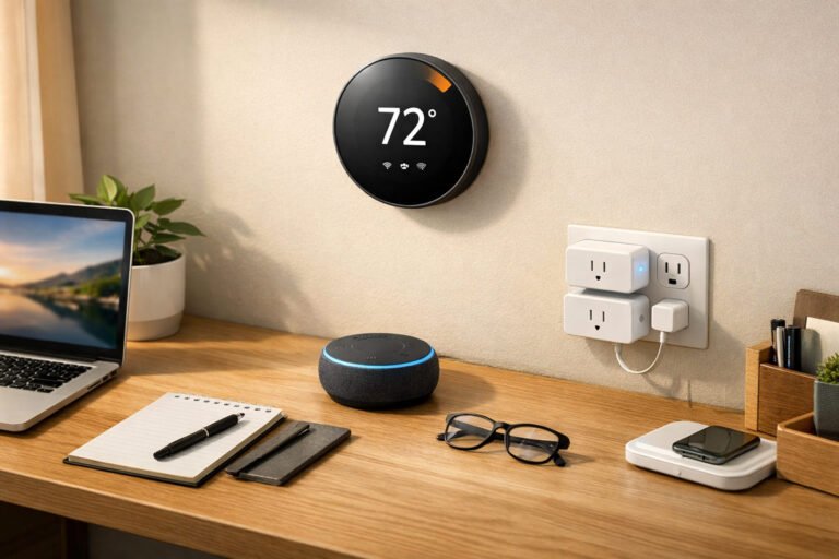 Best smart home devices displayed on a modern home desk with a smart speaker and thermostat