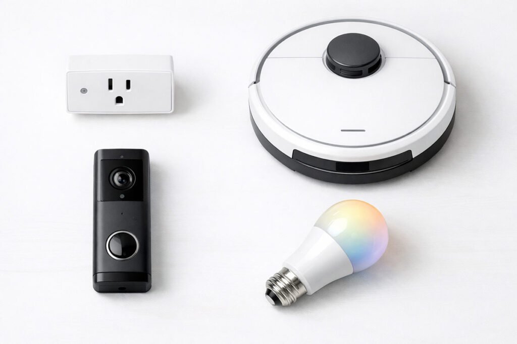 Best smart home devices including smart plugs, robot vacuum, and video doorbell on a clean surface