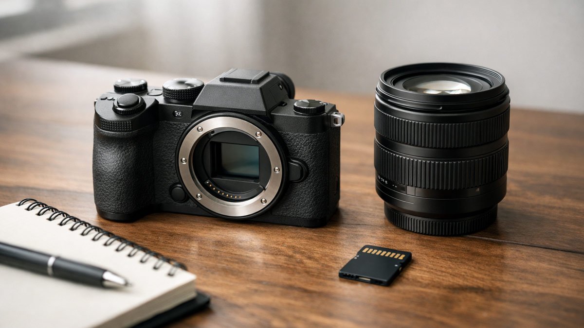 budget camera 2026 mirrorless camera body with interchangeable lens on wooden desk