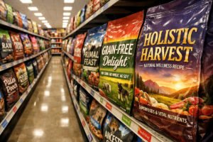 Dog food marketing scam — colorful premium dog food bags on a store shelf with buzzwords like holistic, grain-free, and premium visible