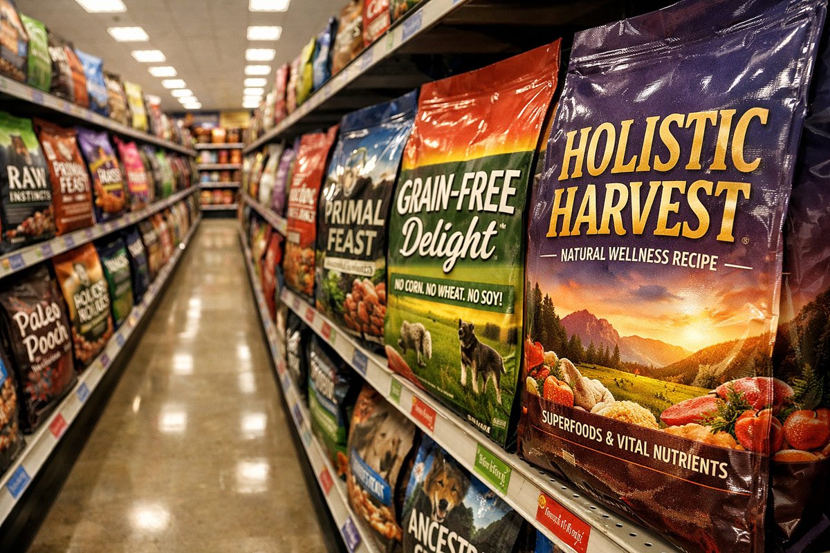The Dog Food Marketing Scam: What “Grain-Free,” “Holistic,” and “Premium” Actually Mean 1 Dog food marketing scam — colorful premium dog food bags on a store shelf with buzzwords like holistic, grain-free, and premium visible