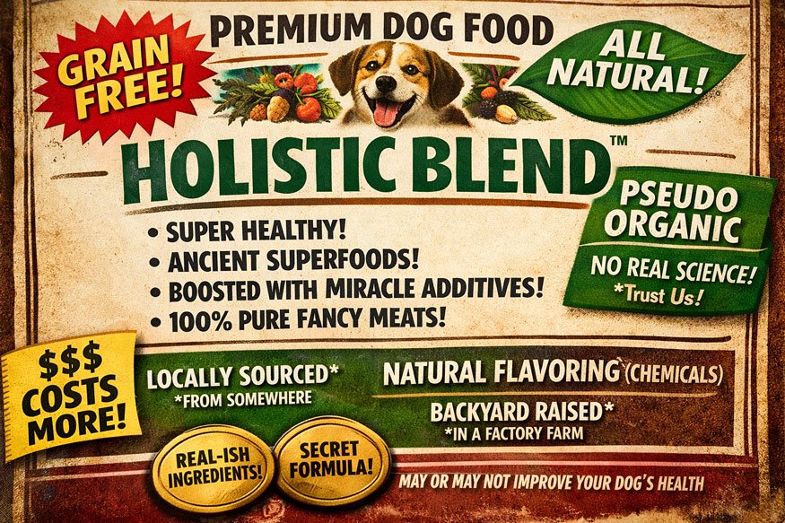The Dog Food Marketing Scam: What “Grain-Free,” “Holistic,” and “Premium” Actually Mean 2 Close-up of a dog food label showing grain-free and holistic marketing terms — illustrating the dog food marketing scam