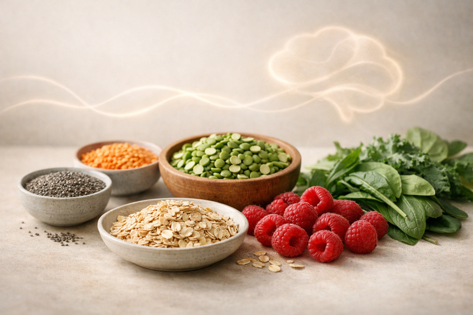 Editorial illustration of high-fiber foods including chia seeds, lentils, split peas, raspberries, and oats, used to illustrate fibermaxxing and the gut-brain connection.