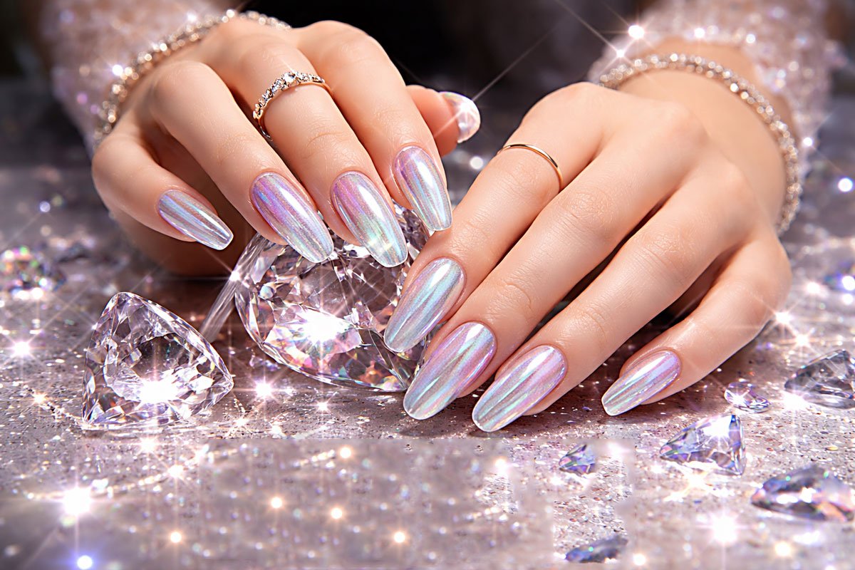 How to Achieve Glass Nails and High-Shine Hair 1 Hands with glass nails surrounded by diamonds.