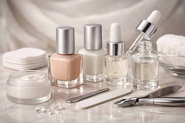 How to Achieve Glass Nails and High-Shine Hair 2 Glass nail products including nail polish, and nail files,