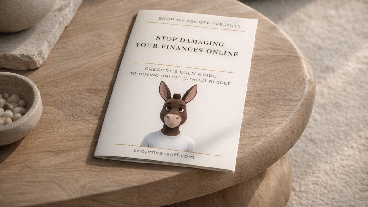 How to Buy Online Without Regret: Gregory’s Calm Guide 1 Gregory’s Calm Guide to Buying Online Without Regret softcover booklet styled on a minimalist coffee table, digital guide for reducing impulse online shopping.