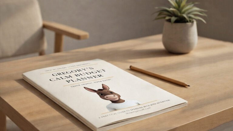 Gregory’s Calm Budget Planner softcover workbook on a wooden desk, structured budgeting planner for intentional spending.