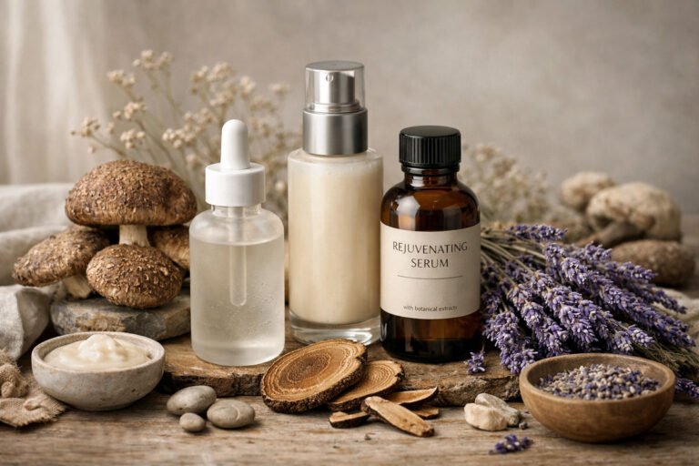 Aesthetic skincare bottles featuring neurocosmetics ingredients like mushrooms and lavender in a peaceful setting.