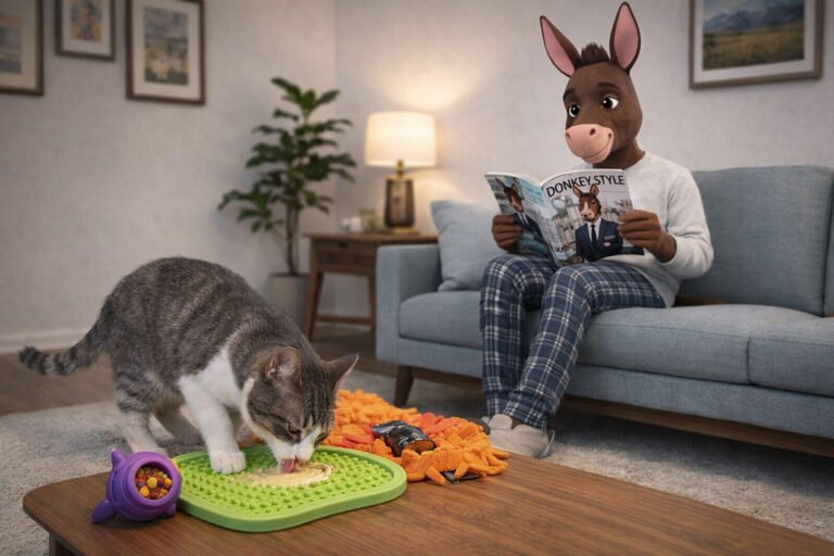 A cute cat using a lick mat and enrichment toys to improve Pet Mental Health. Nearby, its donkey owner sits on a sofa in a midcentury style living room, reading a donkey fashion magazine.