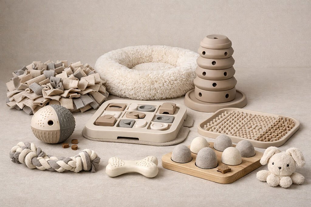 A high resolution product shot of several enrichment toys to improve Pet Mental Health & Comfort. 