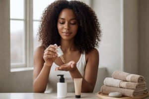 Curly haired woman testing skinimalism beauty products.
