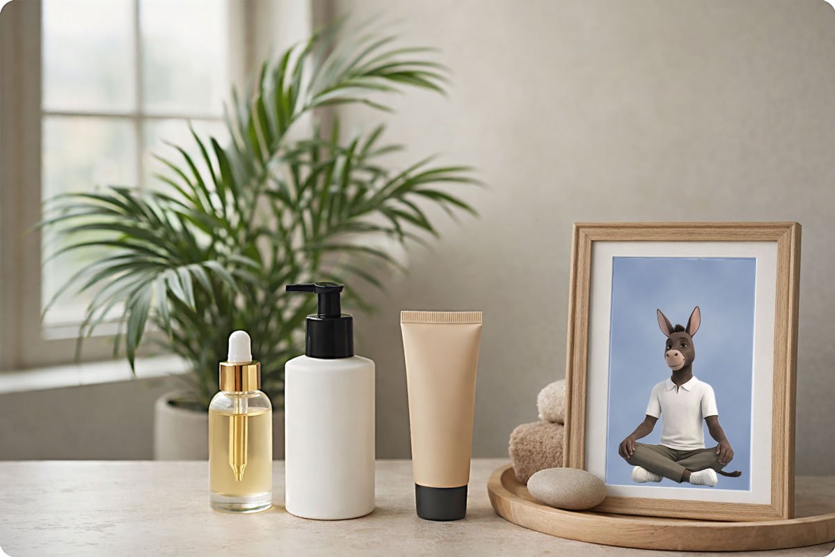 How to Master the Soft Glam Look for Effortless Elegance 1 Spa scene with unbranded soft glam products, a framed image of the donkey, and a plant next to a window.