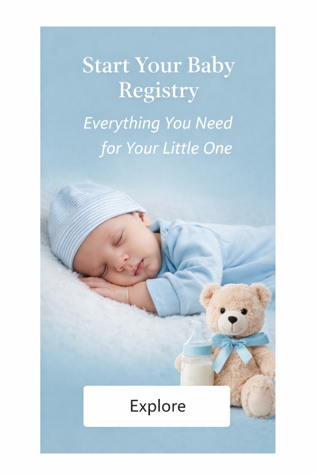 Cute baby boy asleep with a teddy bear next to him for baby registry.