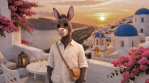 Gregory the donkey standing in Santorini Greece at sunset wearing sunglasses and a linen shirt — travel booking mistakes featured image