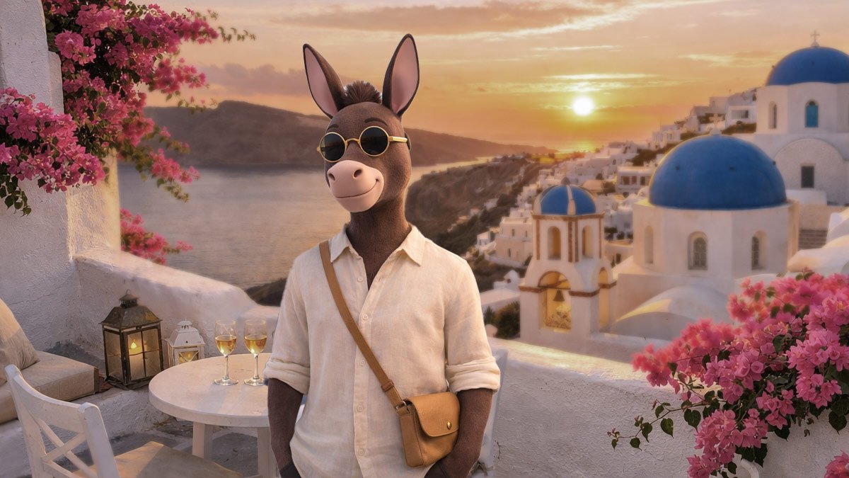 Gregory the donkey standing in Santorini Greece at sunset wearing sunglasses and a linen shirt — travel booking mistakes featured image