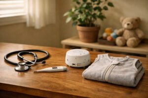 What pediatricians buy for their own kids — a cozy office desk with a stethoscope, thermometer, white noise machine, and sleep sack.