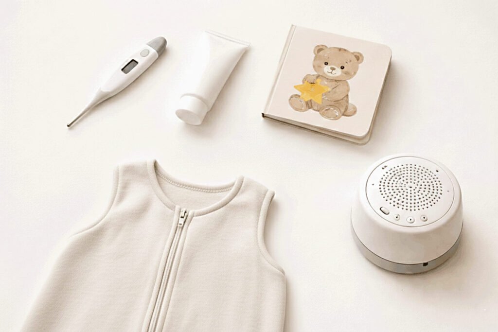 What Pediatricians Buy for Their Own Kids (vs. What's Just Instagram Hype) 2 What pediatricians buy for their own kids — a flat lay of baby essentials including a thermometer, zinc oxide cream, board book, and sleep sack.