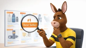 Gregory the donkey investigating Amazon #1 Best Seller badges with a magnifying glass while reviewing online product listings