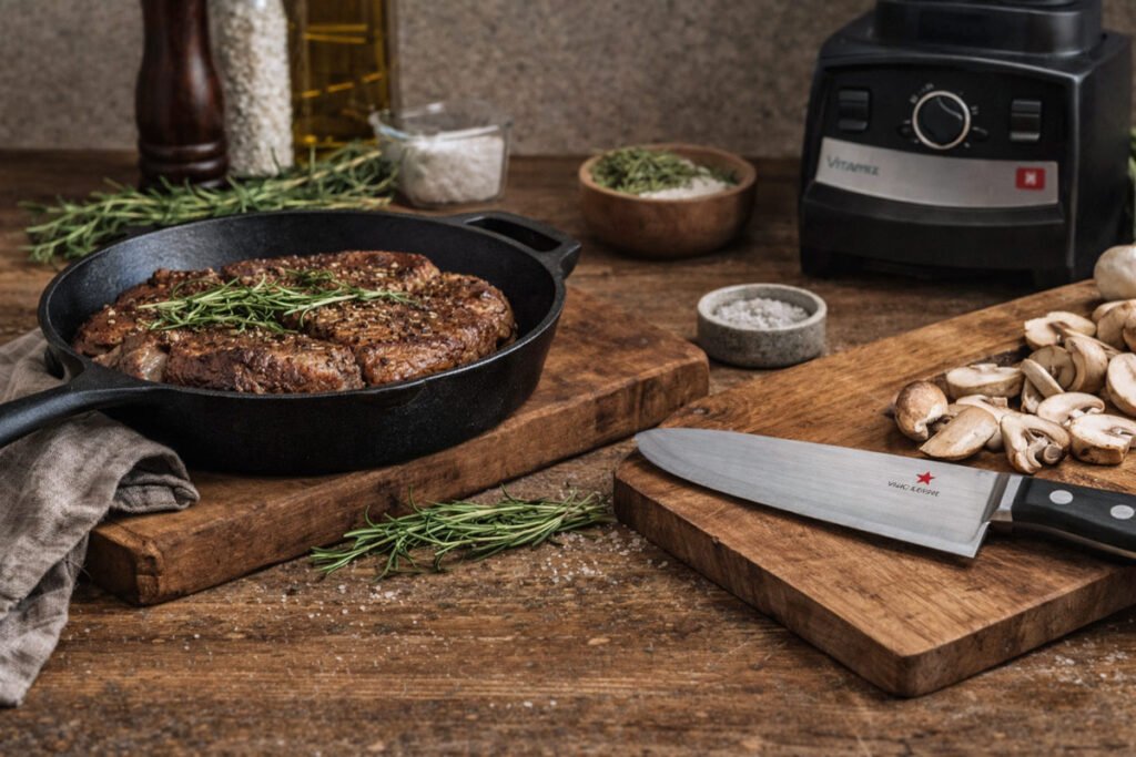 Cast iron skillet searing steak beside a quality chef’s knife and durable kitchen tools representing buy it once home goods